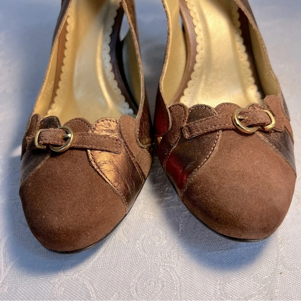 BCBG Paris Shoes Brown Suede Buckle Sling Back 4” Stiletto Heels 7.5